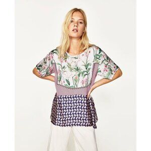 BNWT Zara Patchwork Silky Blouse Blue Pink Size Small